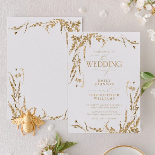 Gold Wildflower Calligraphy Wedding Invitation Kaart