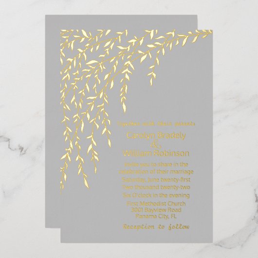 Gold Willows Gray Wedding Folie Uitnodiging (Voorkant / Achterkant)