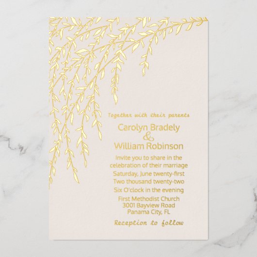 Gold Willows Ivory Wedding Folie Uitnodiging (Voorkant)