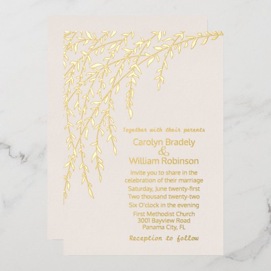 Gold Willows Ivory Wedding Folie Uitnodiging (Voorkant / Achterkant)
