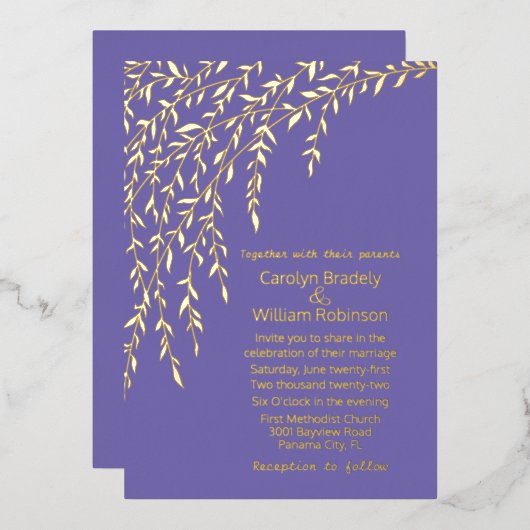 Gold Willows Lavender Wedding Folie Uitnodiging (Voorkant / Achterkant)