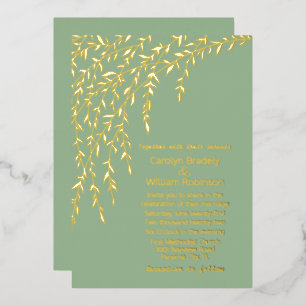 Gold Willows Light Sage Green Wedding Folie Uitnodiging