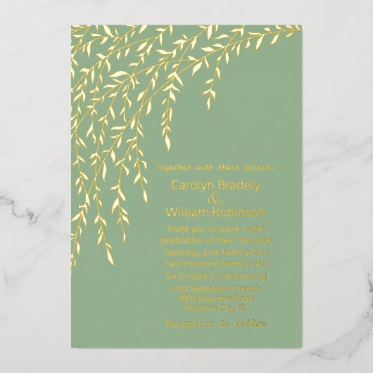 Gold Willows Light Sage Green Wedding Folie Uitnodiging (Voorkant)