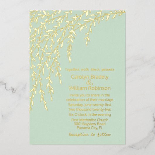 Gold Willows Mint Green Wedding Folie Invitation Folie Uitnodiging (Voorkant)