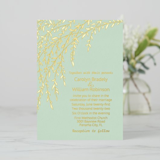 Gold Willows Mint Green Wedding Folie Invitation Folie Uitnodiging (Staand Voorkant)