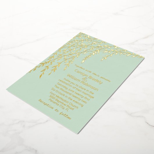 Gold Willows Mint Green Wedding Folie Invitation Folie Uitnodiging (Gedraaid)