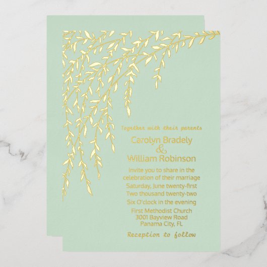 Gold Willows Mint Green Wedding Folie Invitation Uitnodiging (Voorkant / Achterkant)
