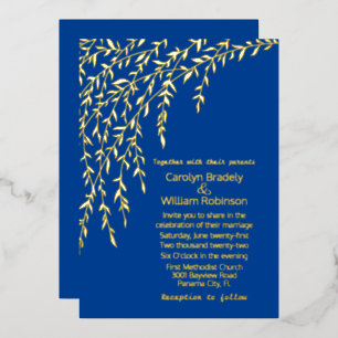 Gold Willows Royal Blue Wedding Folie Uitnodiging