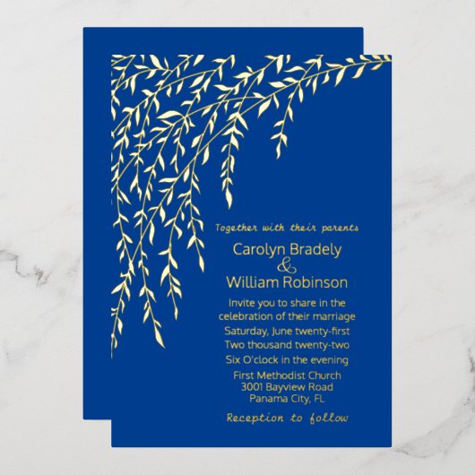 Gold Willows Royal Blue Wedding Folie Uitnodiging (Voorkant / Achterkant)