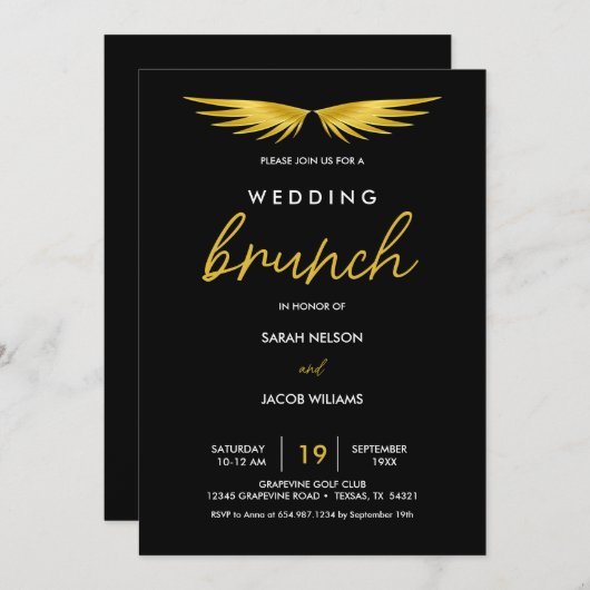 Gold Wings, Black Post Wedding Brunch Save The Date (Voorkant / Achterkant)