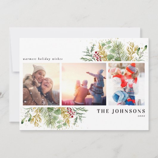 Gold Winter Botanical Greenery Berries Foto Feestdagenkaart (Voorkant)