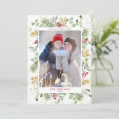 Gold Winter Botanical Greenery Berries Foto Feestdagenkaart (Staand voorkant)