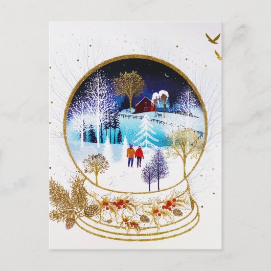 Gold Winter Eve Couple Snowglobe Forest Home Feestdagenkaart (Voorkant)