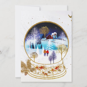 Gold Winter Eve Couple Snowglobe Forest Home Feestdagenkaart