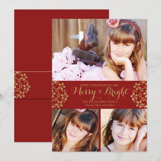 Gold Winter Flowers Holiday Fotokaart Feestdagenkaart (Voorkant / Achterkant)