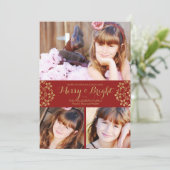 Gold Winter Flowers Holiday Fotokaart Feestdagenkaart (Staand voorkant)