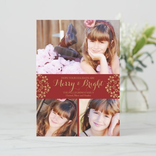 Gold Winter Flowers Holiday Fotokaart Feestdagenkaart (Staand voorkant)