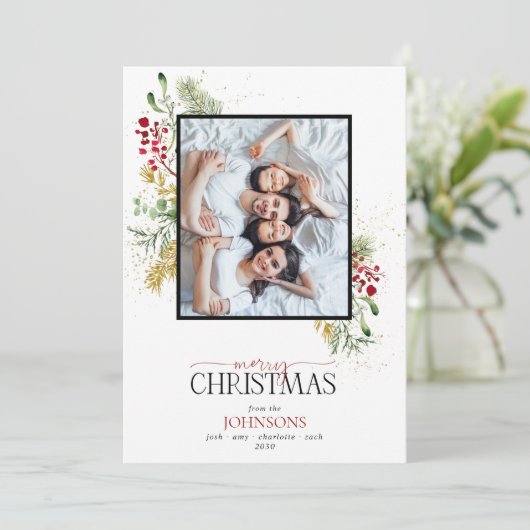 Gold Winter Greenery Merry kerstfoto Holiday Feestdagenkaart (Staand voorkant)