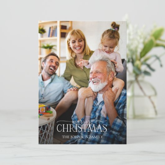 Gold Winter Greenery Merry kerstscript Foto Feestdagenkaart (Staand voorkant)