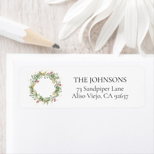 Gold Winter Greenery WreatReturn Address Label (Insitu)