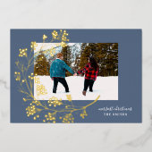 Gold Winter Natural Blue Merry-kerstfoto Folie Feestdagenkaart (Voorkant)