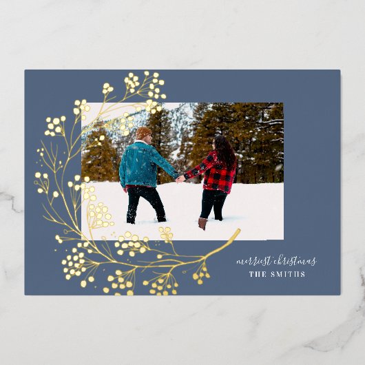 Gold Winter Natural Blue Merry-kerstfoto Folie Feestdagenkaart (Voorkant)
