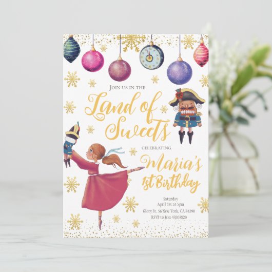 Gold Winter Nutcracker Birthday Invitation Kaart (Staand voorkant)