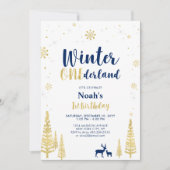 Gold Winter Onederland 1st Boy Birthday Uitnodigin Kaart (Voorkant)