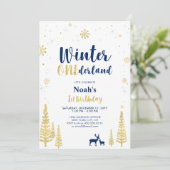 Gold Winter Onederland 1st Boy Birthday Uitnodigin Kaart (Staand voorkant)