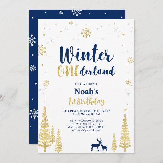 Gold Winter Onederland 1st Boy Birthday Uitnodigin Kaart (Voorkant / Achterkant)