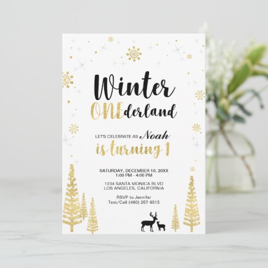 Gold Winter Onederland 1st Boy Birthday Uitnodigin Kaart (Staand voorkant)