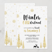 Gold Winter Onederland 1st Boy Birthday Uitnodigin Kaart (Voorkant / Achterkant)