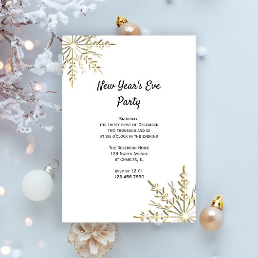Gold Winter Snowflakes New Years Eve Party Kaart