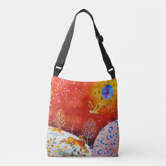 Gold Winter Woodland Rabbit Owl Waterverf Crossbody Tas (Voorkant)