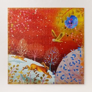 Gold Winter Woodland Rabbit Owl Waterverf Legpuzzel