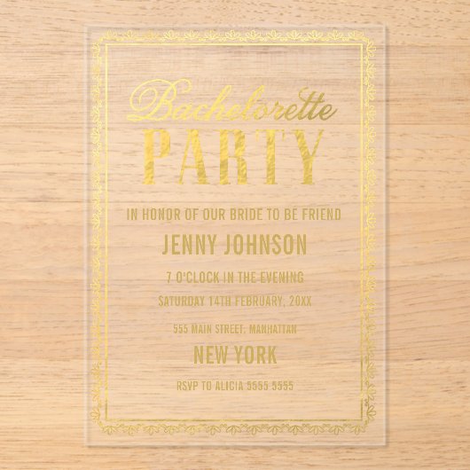 Gold Womens Bachelorette Evening Party nodigt uit Acryl Uitnodigingen (Voorkant)
