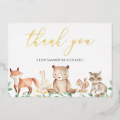 Gold Woodland Animals Baby shower Hartelijk dank Folie Uitnodiging (Voorkant)