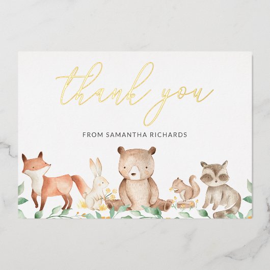 Gold Woodland Animals Baby shower Hartelijk dank Folie Uitnodiging (Voorkant)