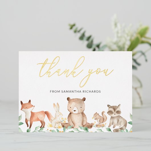 Gold Woodland Animals Baby shower Hartelijk dank Folie Uitnodiging (Staand Voorkant)