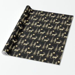 Gold Woodland Pine Forest Stag Black Cadeaupapier