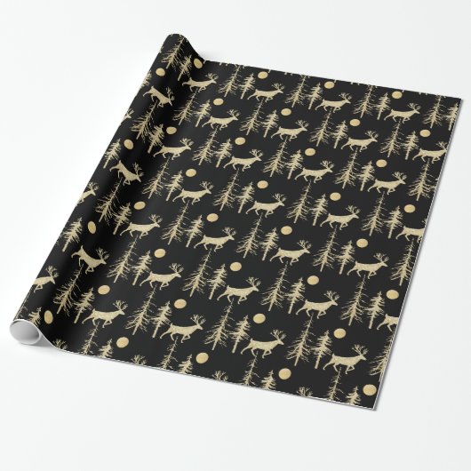 Gold Woodland Pine Forest Stag Black Cadeaupapier (Uitgerold)
