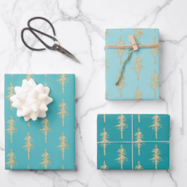 Gold Woodland Pine Tree Forest Blauwgroen Turquois Inpakpapier Vel