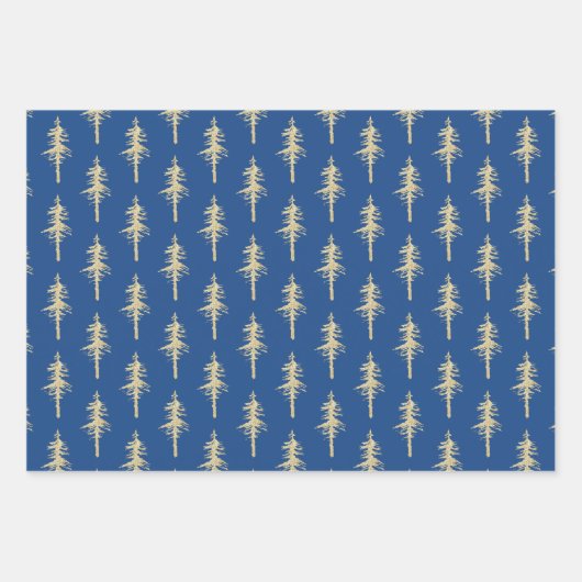 Gold Woodland Pine Tree Forest Blue Sky Blue Navy Inpakpapier Vel (Voorkant 2)