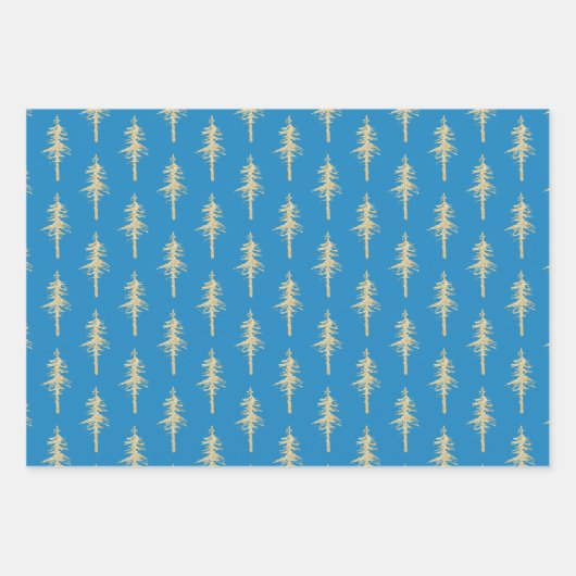 Gold Woodland Pine Tree Forest Blue Sky Blue Navy Inpakpapier Vel (Voorkant)
