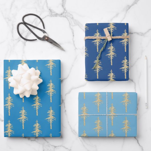Gold Woodland Pine Tree Forest Blue Sky Blue Navy Inpakpapier Vel (Voorkant)