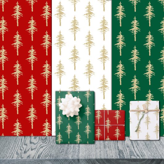 Gold Woodland Pine Tree Forest Green & White Inpakpapier Vel