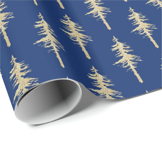 Gold Woodland Pine Tree Forest Holiday Blue Cadeaupapier (Rol Hoek)