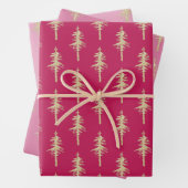 Gold Woodland Pine Tree Forest Pink Raspberry Red Inpakpapier Vel (In situ)