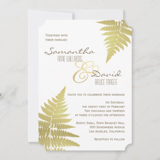 Gold Woodland Wedding Fern Invitation Kaart (Voorkant)