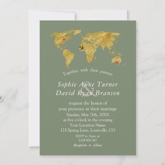 Gold World Map Destination Sage Green Wedding Kaart (Voorkant)